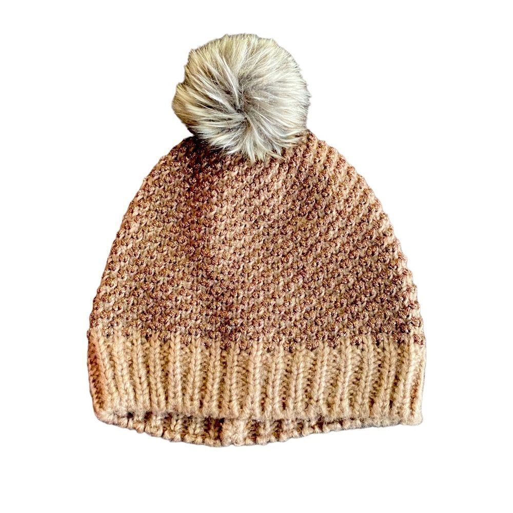 Merona Metallic Knit & Pom Pom Winter Beanie Copper Tan & Gray Size OSFM